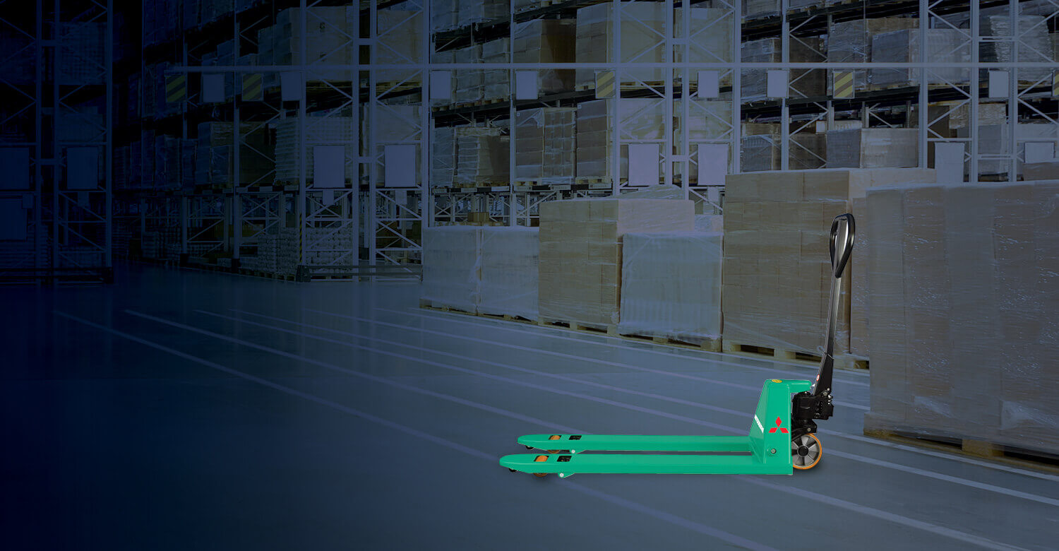 Mitsubishi hand pallet truck in warehouse aisle